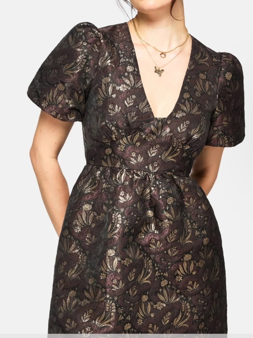 Disturbia NWT Rena Snake Jacquard Puff Sleeve Mini Dress Brown Gold Metallic Sz8 - Picture 4 of 17